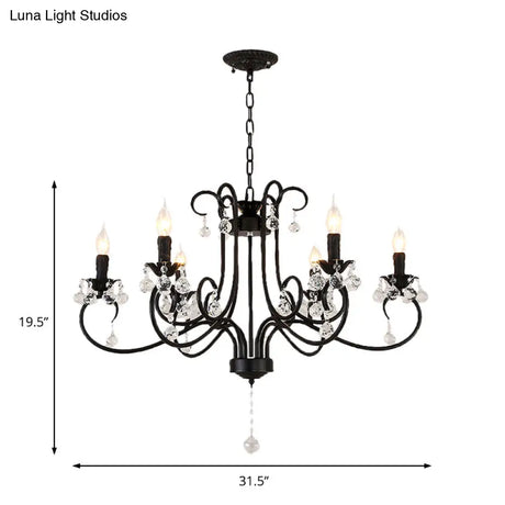 Vintage Bent Arm Frame Ceiling Light - 6/8 Black Lights With Crystal Drop For Living Room