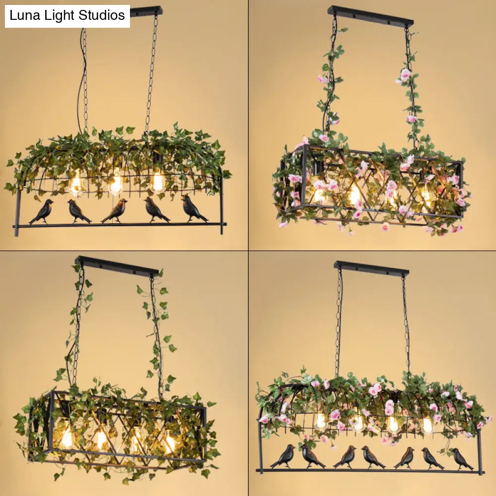 Vintage Bird Cage Iron Hanging Pendant Light With Decorative Plant - Perfect For Restaurants And