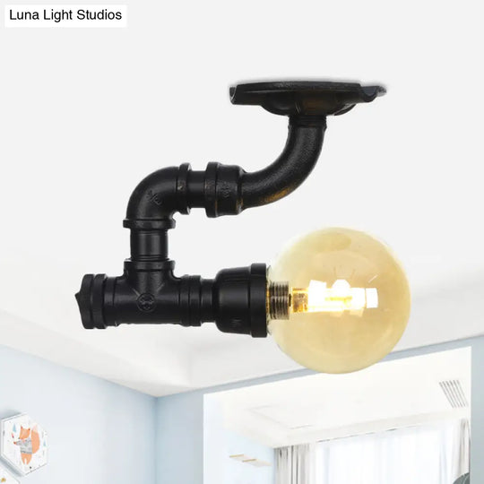 Vintage Black 1 - Light Ball Semi Flush Mount Ceiling Lamp With Amber Glass Finish