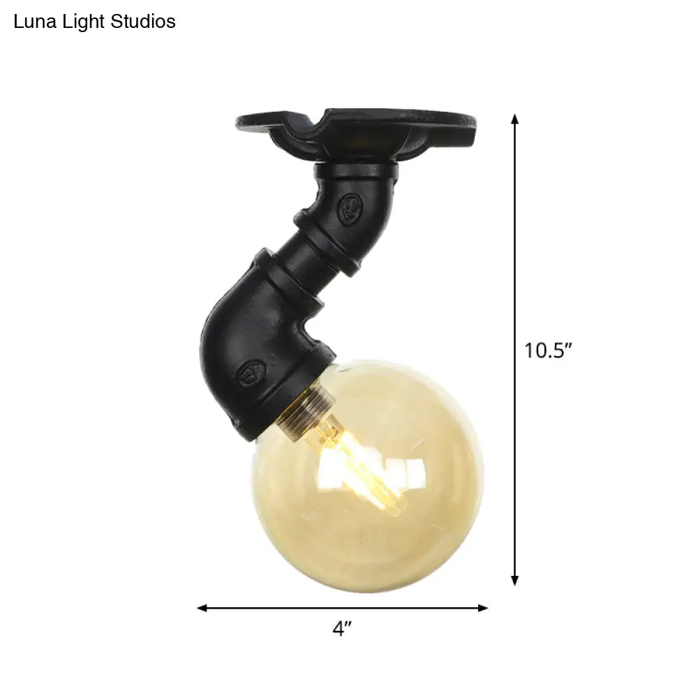 Vintage Black 1-Light Ball Semi Flush Mount Ceiling Lamp With Amber Glass Finish