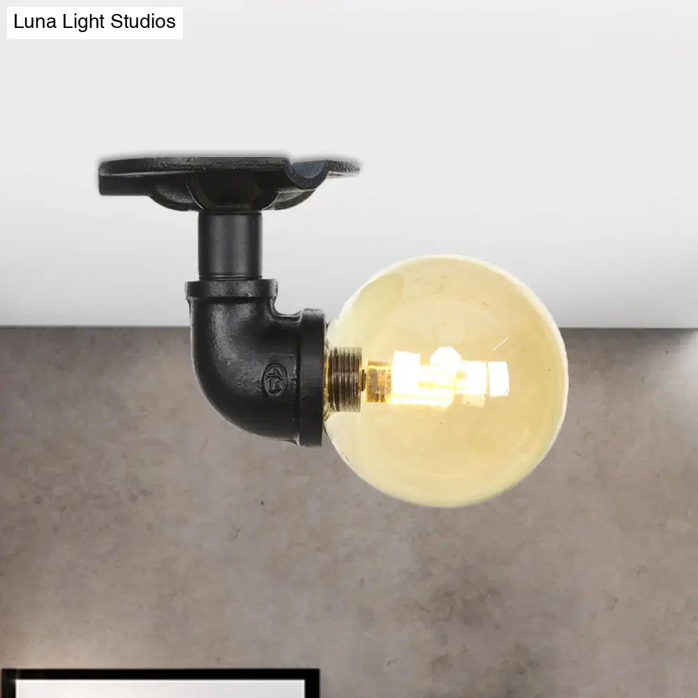 Vintage Black 1 - Light Ball Semi Flush Mount Ceiling Lamp With Amber Glass Finish / A
