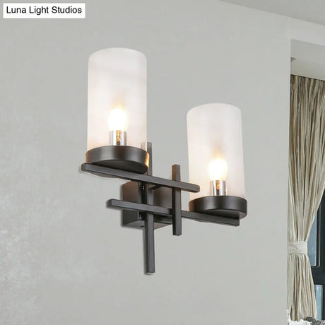 Vintage Black 2-Light Sconce: Clear Glass Cylinder Lighting Fixture - Ideal For Corridor