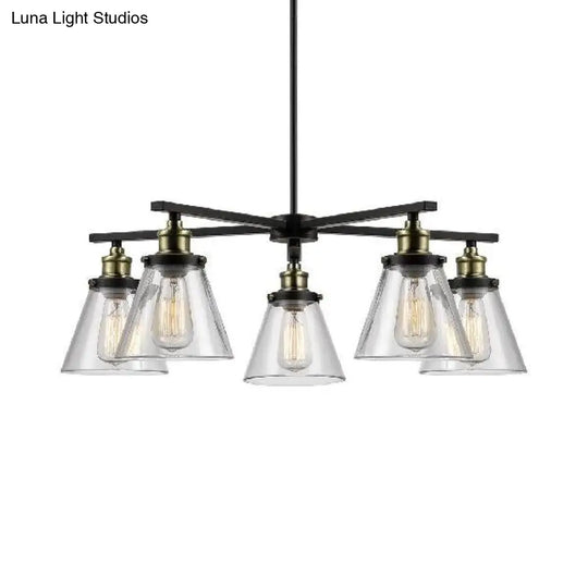 Vintage 5-Light Cone Shade Chandelier: Clear Glass Pendant Lighting For Dining Room Black Finish