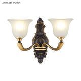 Vintage Black And Gold Frosted White Glass Wall Sconce For Bedroom - 1/2-Bulb Bell Mount Light