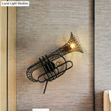 Vintage Black/Brass Iron Wall Sconce Lighting: 1-Light Saxophone Mount Lamp For Bedroom