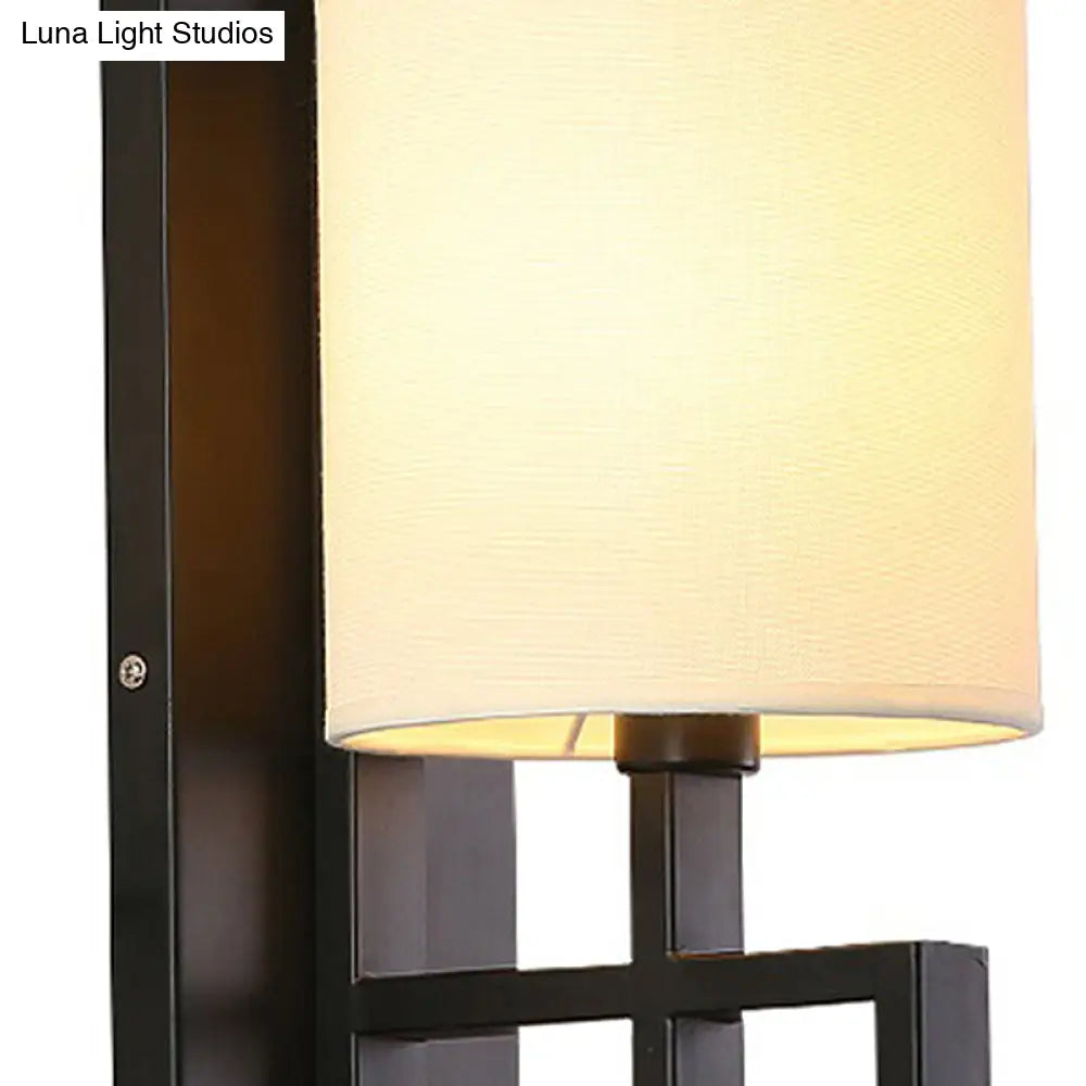Vintage Black/Bronze Wall Sconce With Fabric Cylinder Shade For Hallway Lighting