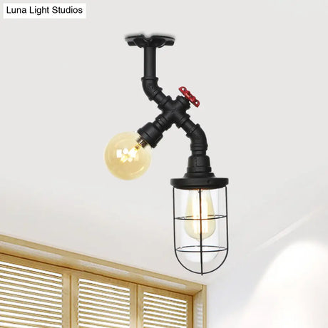 Vintage Black Ceiling Mounted Light With Clear Glass Orb And Cage For Corridors (2 Lights)