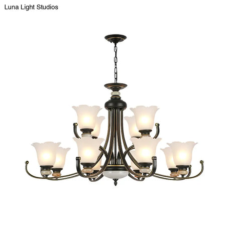 Vintage Black Chandelier: Flower White Glass Ceiling Light 3/6/8 Lights For Bedroom Fixture