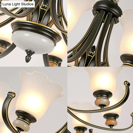 Vintage Black Chandelier: Flower White Glass Ceiling Light 3/6/8 Lights For Bedroom Fixture