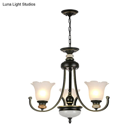 Vintage Black Chandelier: Flower White Glass Ceiling Light 3/6/8 Lights For Bedroom Fixture