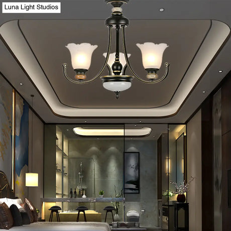 Vintage Black Chandelier: Flower White Glass Ceiling Light 3/6/8 Lights For Bedroom Fixture
