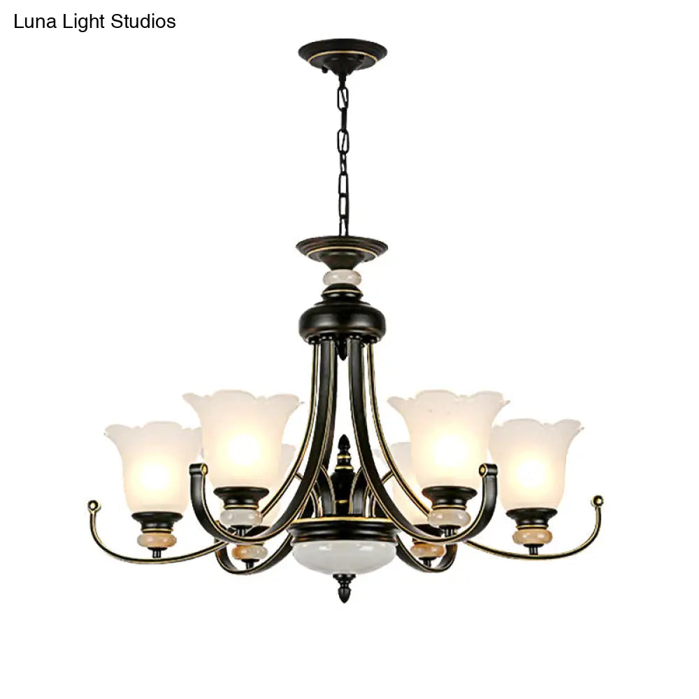 Vintage Black Chandelier: Flower White Glass Ceiling Light 3/6/8 Lights For Bedroom Fixture