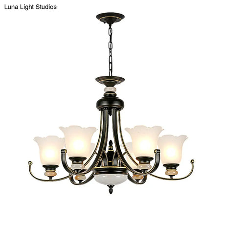 Vintage Black Chandelier: Flower White Glass Ceiling Light 3/6/8 Lights For Bedroom Fixture