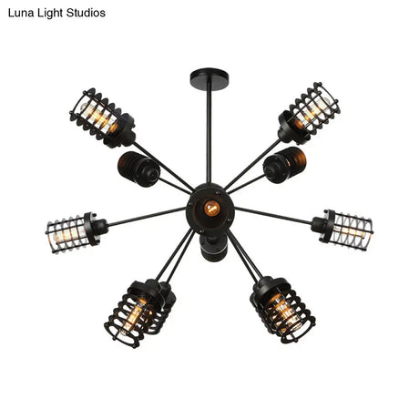 Vintage Black Chandelier Light: Starburst Metal With 9/12/15 Heads & Cylinder Frame Shade For