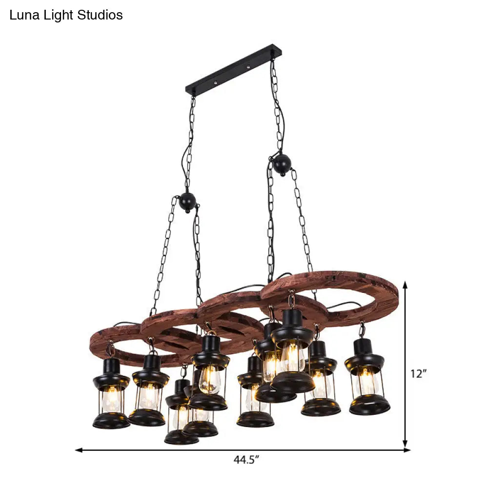 Vintage Black Chandelier Pendant Lamp With Clear Glass Lantern And Wooden Shelf - 10 Lights