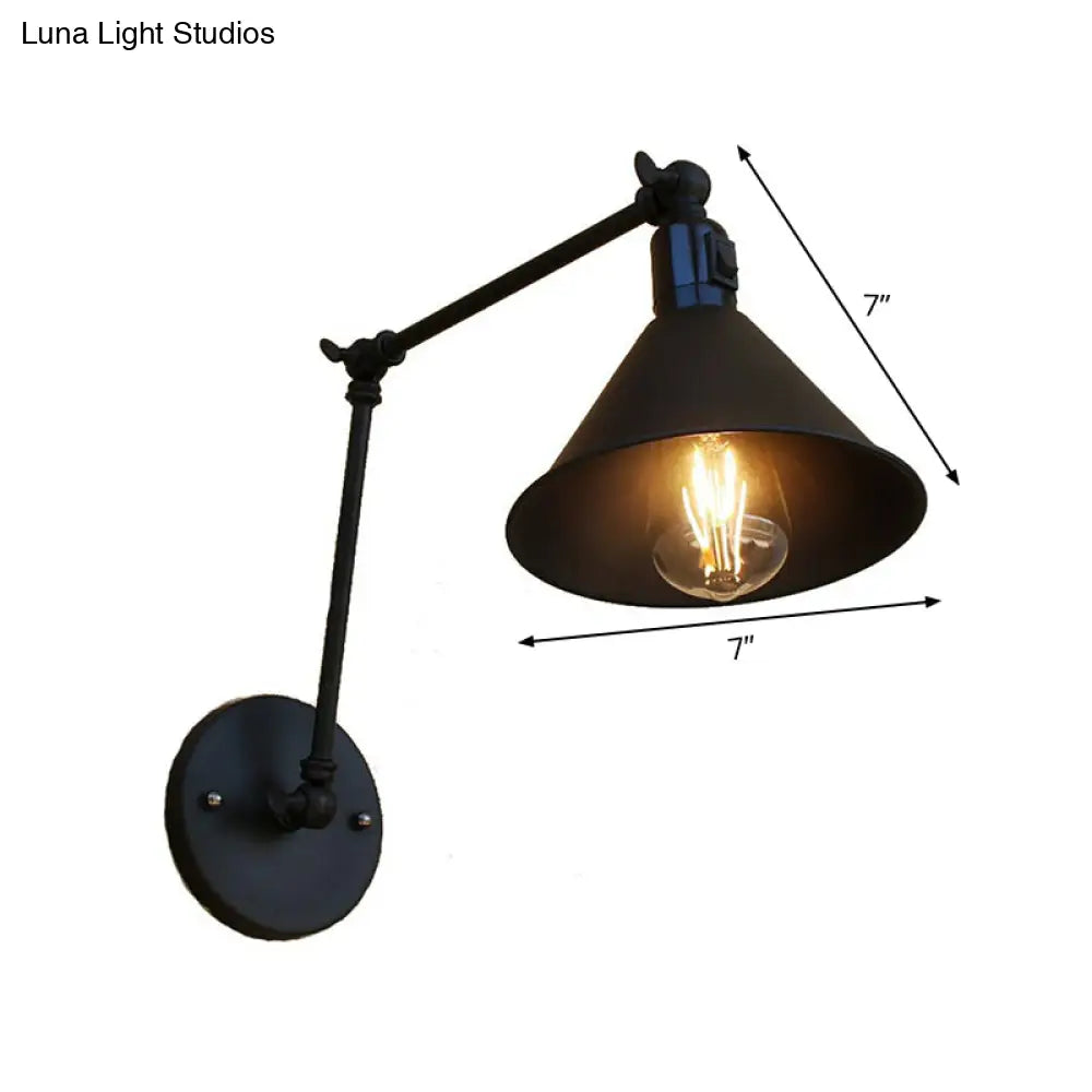 Vintage Black Cone Wall Lamp Kit With Swing Arm & On/Off Button For Bedroom - Iron 1/2-Head Mount