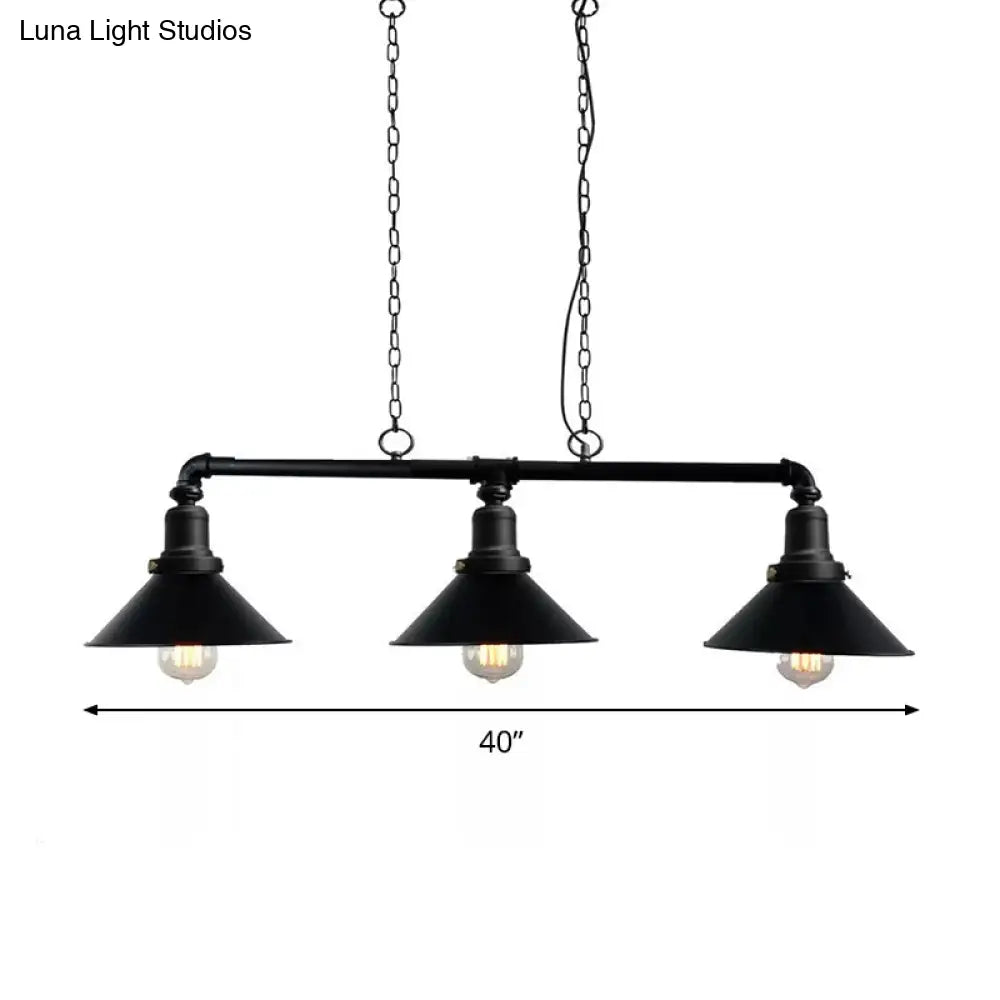 Vintage Black Conical Island Light Fixture - 3-Light Metal Pendant For Dining Room