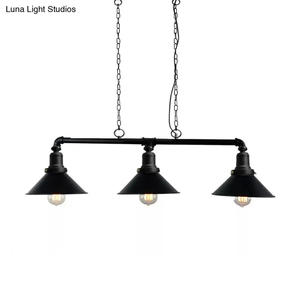 Vintage Black Conical Island Light Fixture - 3-Light Metal Pendant For Dining Room