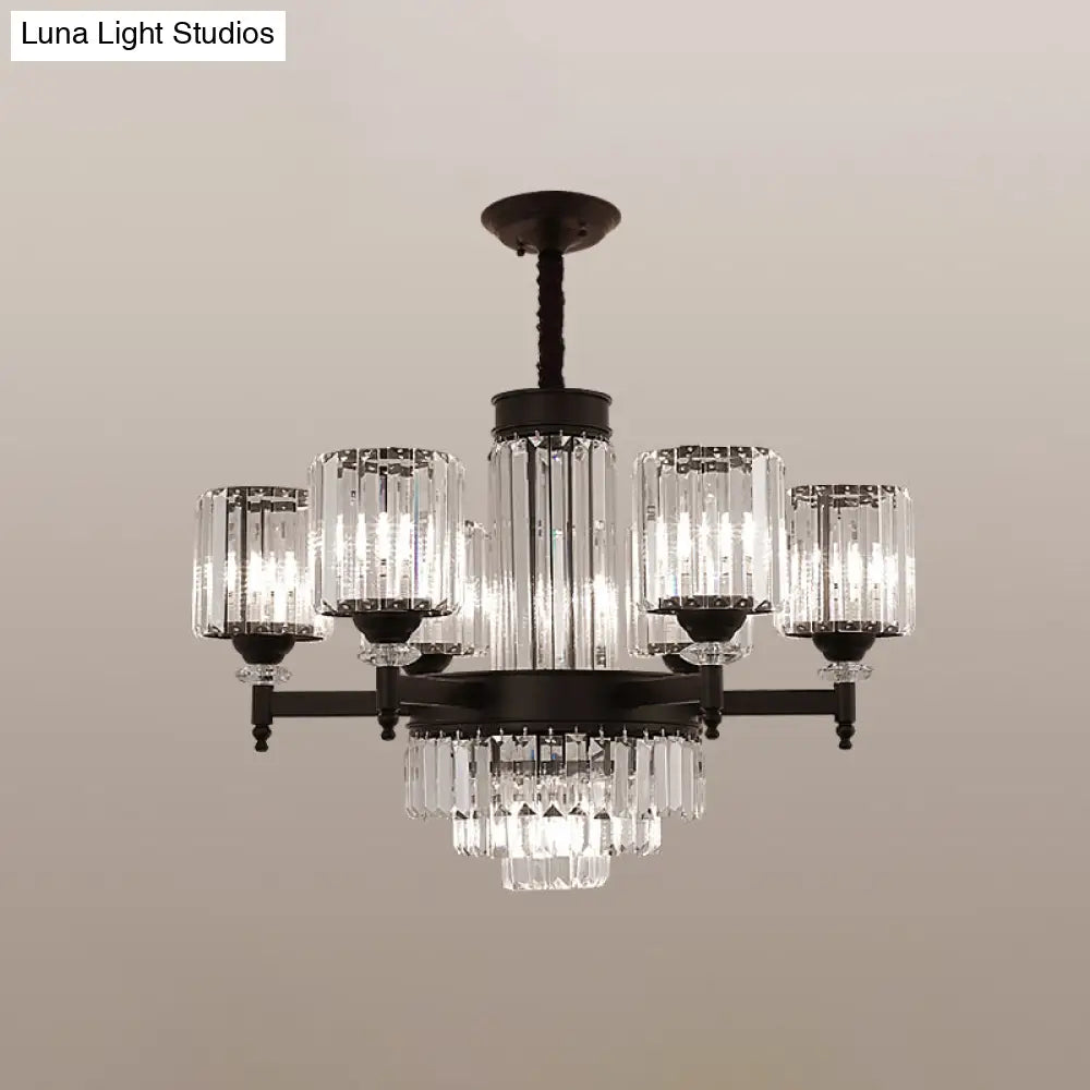 Vintage Black Crystal Chandelier - Elegant Rectangular-Cut Cylinder Pendant Light 7 /