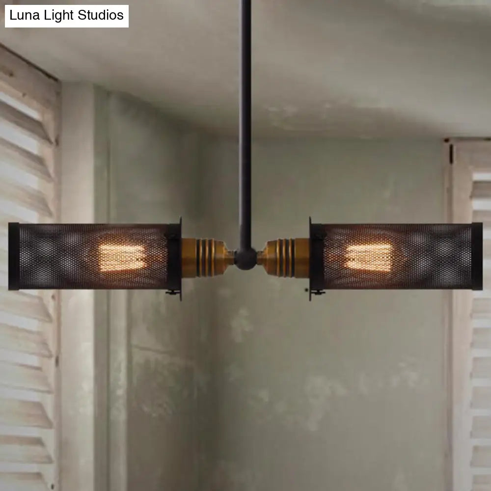 Vintage Black Cylinder Chandelier Lamp: Mesh Shade Iron Frame 2-Light Pendant