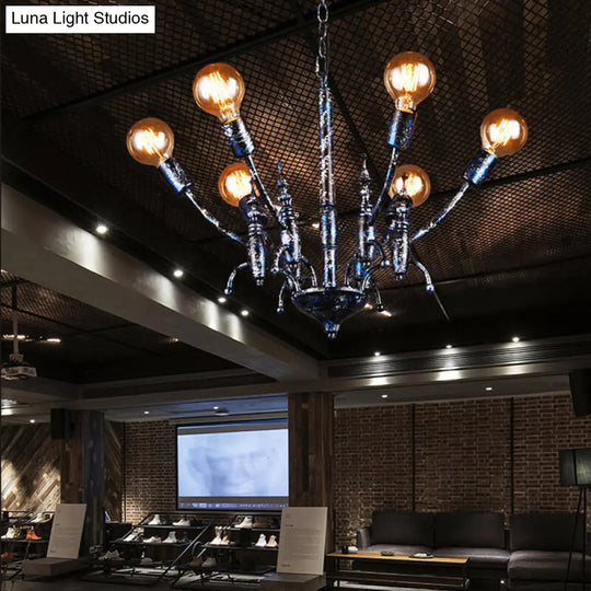Vintage Black Bare Bulb Chandelier - Metallic Multi-Head Pendant Light For Dining Room