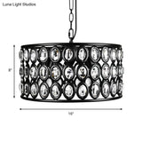Vintage Black Drum Ceiling Lamp: Metal And Crystal Chandelier With 3 Lights For Living Room