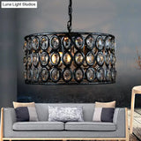 Vintage Black Drum Ceiling Lamp: Metal And Crystal Chandelier With 3 Lights For Living Room