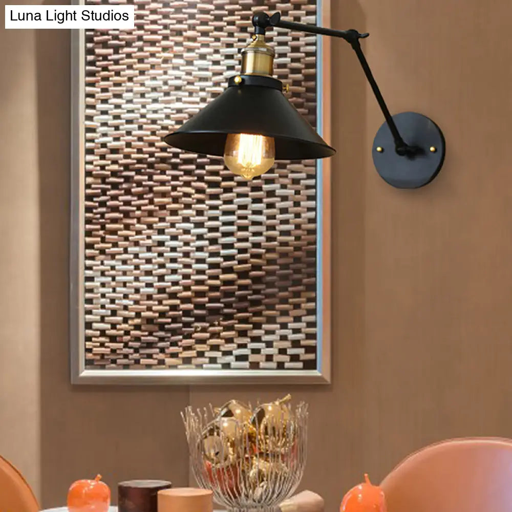 Vintage Black Finish Conic Sconce Light Fixture With Adjustable Metallic Arm - Ideal Wall Lighting