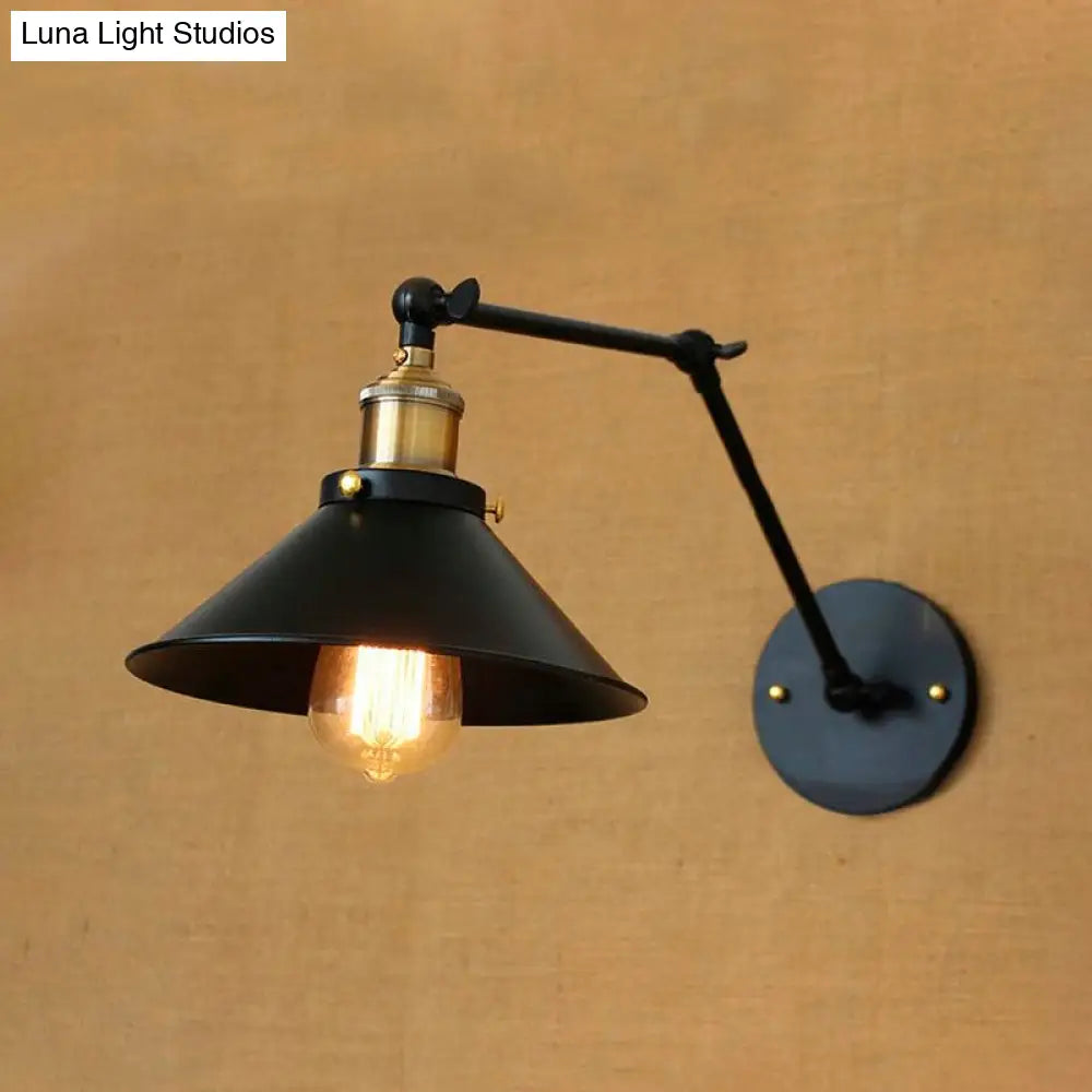 Vintage Black Finish Conic Sconce Light Fixture With Adjustable Metallic Arm - Ideal Wall Lighting