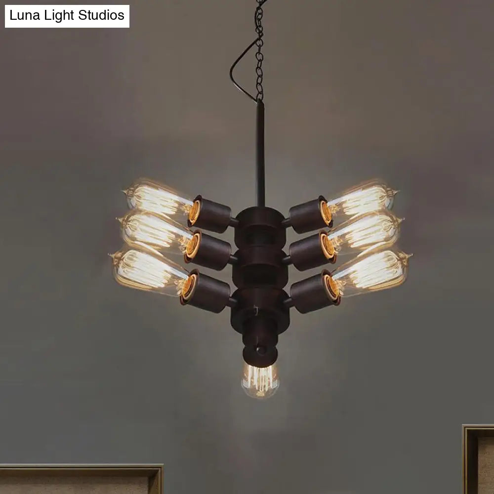 Vintage Black Finish Metal Bare Bulb Chandelier With Hanging Rod - 3/4/5 Lights For Bar