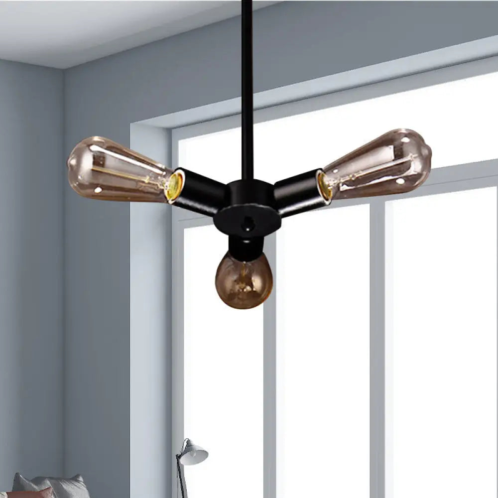Vintage Black Finish Metal Bare Bulb Chandelier With Hanging Rod - 3/4/5 Lights For Bar 3 /