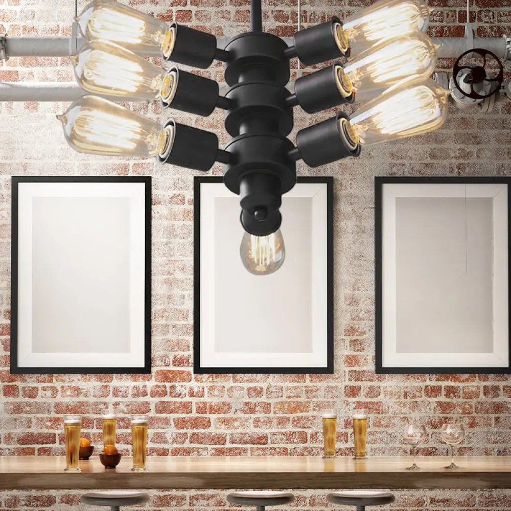 Vintage Black Finish Metal Bare Bulb Chandelier With Hanging Rod - 3/4/5 Lights For Bar 9 /