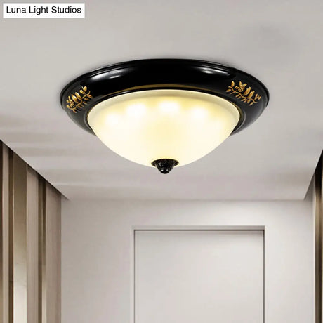 Vintage Black Flush Ceiling Light With Opal Glass Shade For Traditional Living Rooms