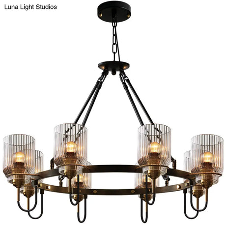 Vintage Black Glass Ribbed Chandelier - Cylindrical Suspension Lamp For Dining Room