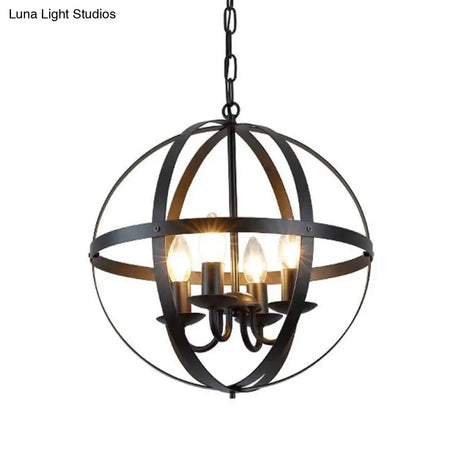 Vintage Black Globe Metal Chandelier - 4 Bulb Pendant Lighting For Dining Room Ceiling