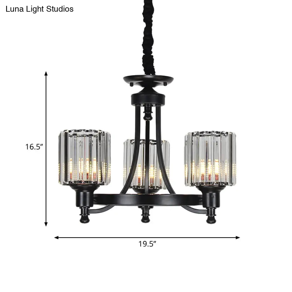 Vintage Black/Gold Chandelier Lamp - Stylish Crystal & Metal 3/6 Head Hanging Lighting With Cylinder
