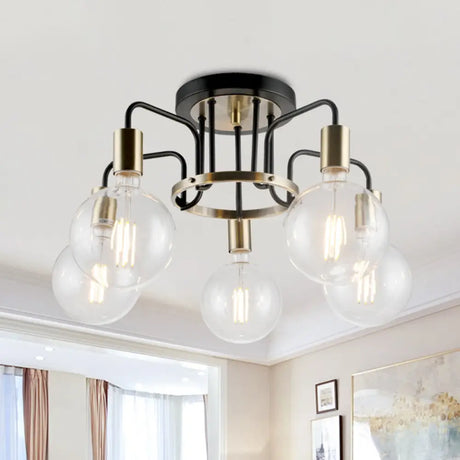 Vintage Black & Gold Semi - Flush Ceiling Lamp With Clear Glass - Ideal For Living Rooms (3/5 -
