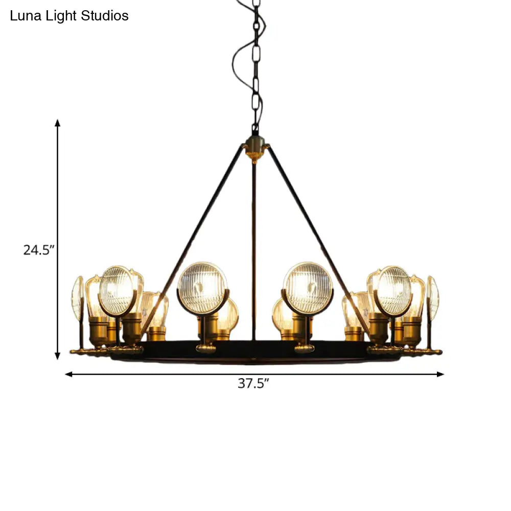 Vintage Black Grid Glass Lens Chandelier Lamp - 6/9/12 Lights Hanging Light Kit For Restaurants
