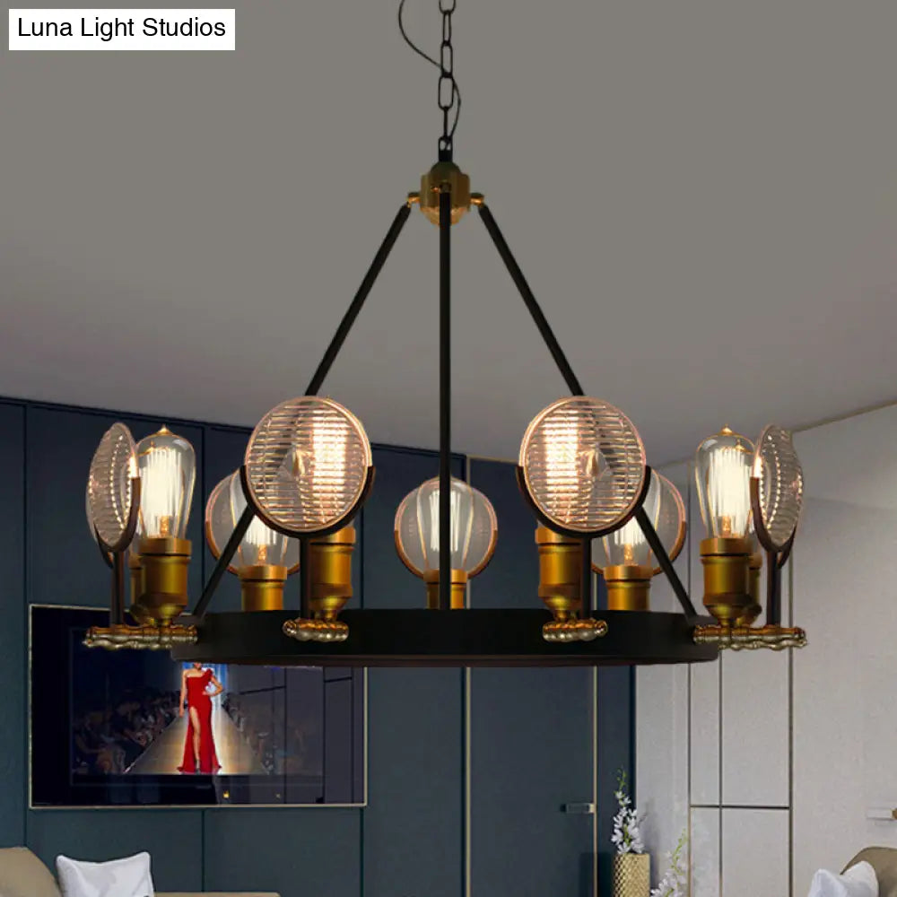 Vintage Black Grid Glass Lens Chandelier Lamp - 6/9/12 Lights Hanging Light Kit For Restaurants