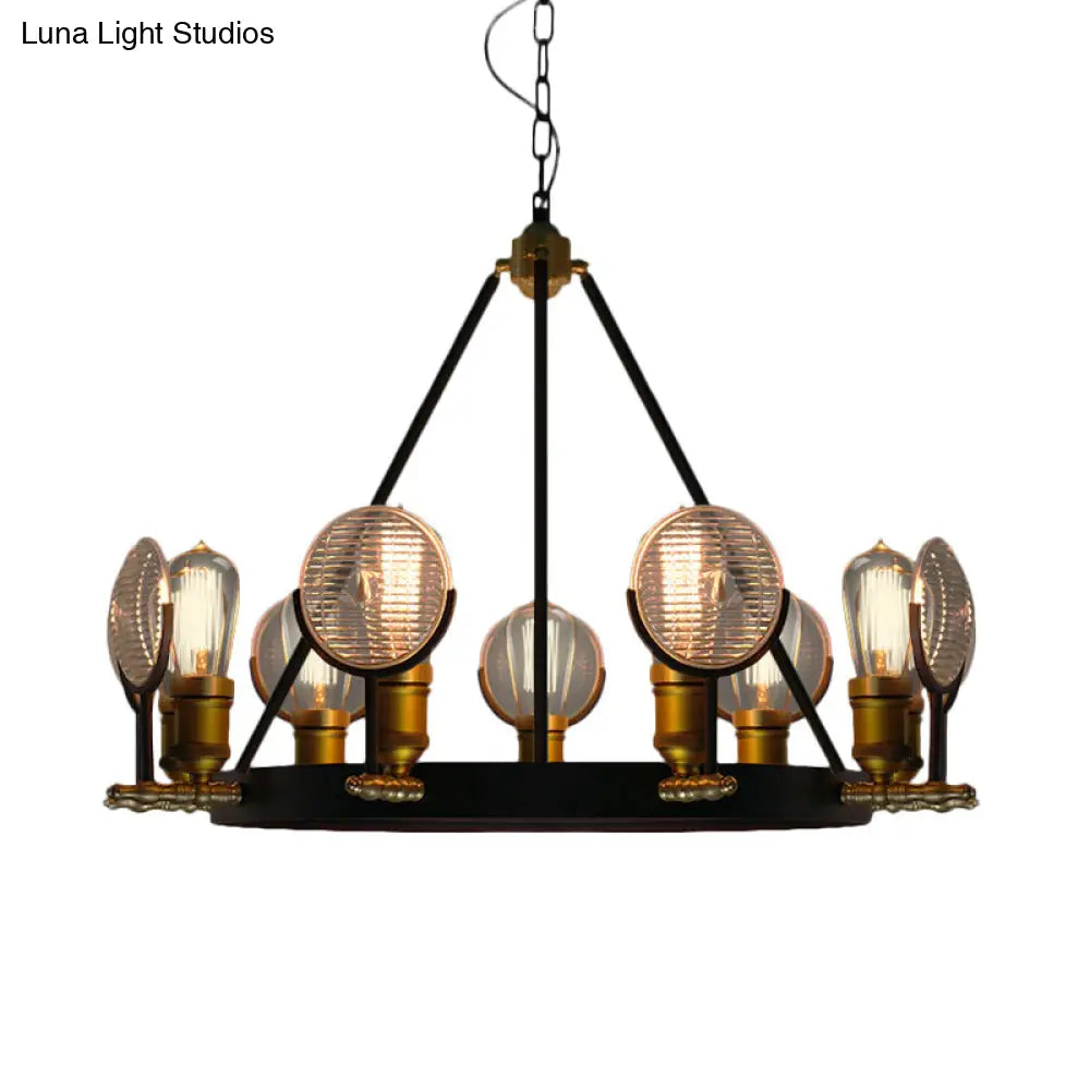 Vintage Black Grid Glass Lens Chandelier Lamp - 6/9/12 Lights Hanging Light Kit For Restaurants