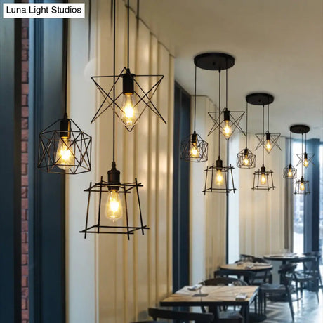 Vintage Black Iron Pendant Light With 3 Wire Frame Shades – Ideal For Coffee Shops
