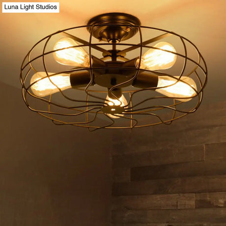 Vintage Black Iron Semi Flush Ceiling Light With Radial Shape And Cage - Ideal For Restaurants