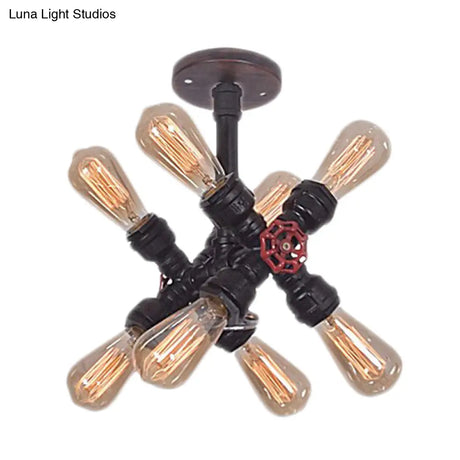 Vintage Black Iron Semi Flush Mount Light With 8 - Bulb Crossing Pipe Design - Ideal For Bedroom
