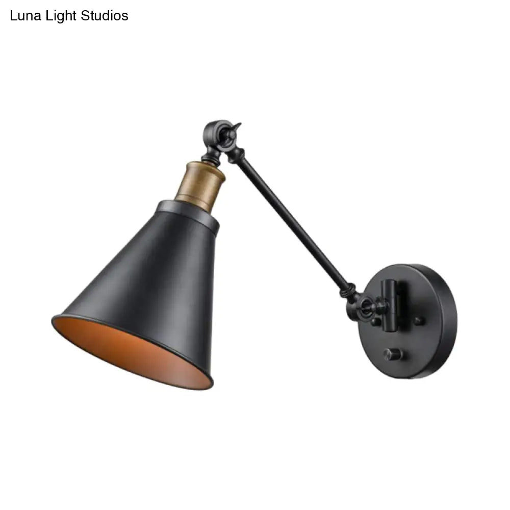 Vintage Black Iron Wall Mount Swing Arm Sconce With Cone Shade For Living Room