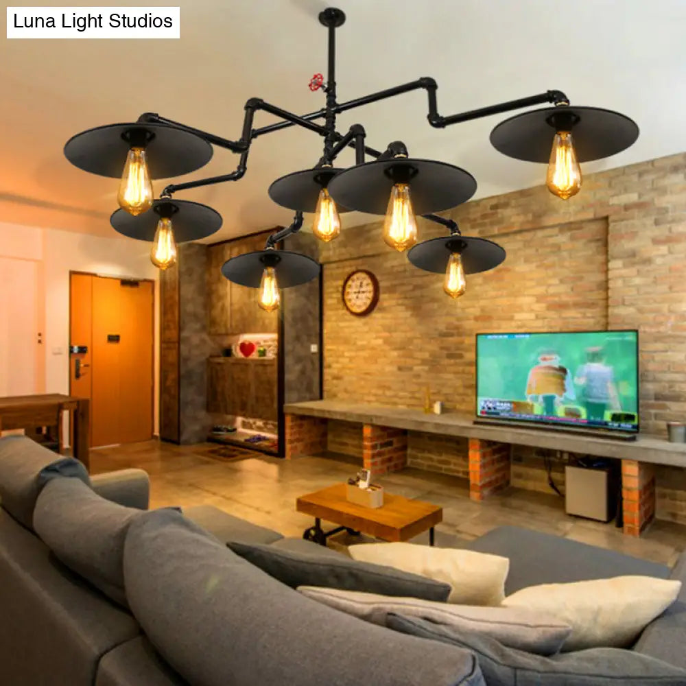Vintage Black Island Pendant Lamp With 7 Bulbs: Metallic 3-Layer Water Pipe Design For Living Room