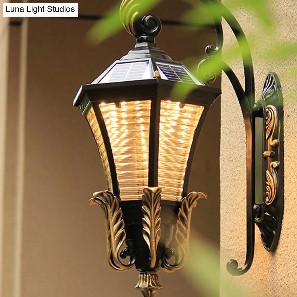 Vintage Black Led Outdoor Wall Sconce With Flared Shape And Ribbed Glass - Solar Powered