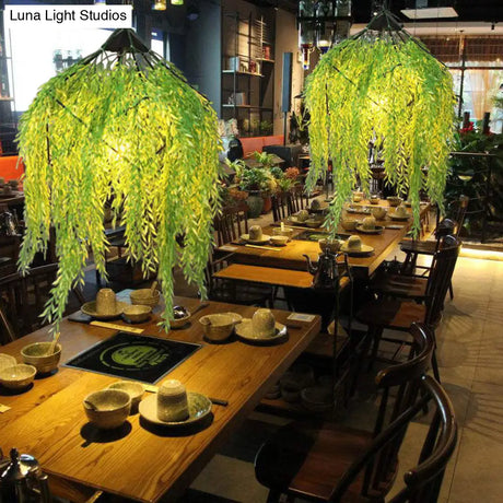 Vintage Black Metal Caged Pendant Light With Plant Accent For Restaurant - 1 Bulb Led 18’/21.5