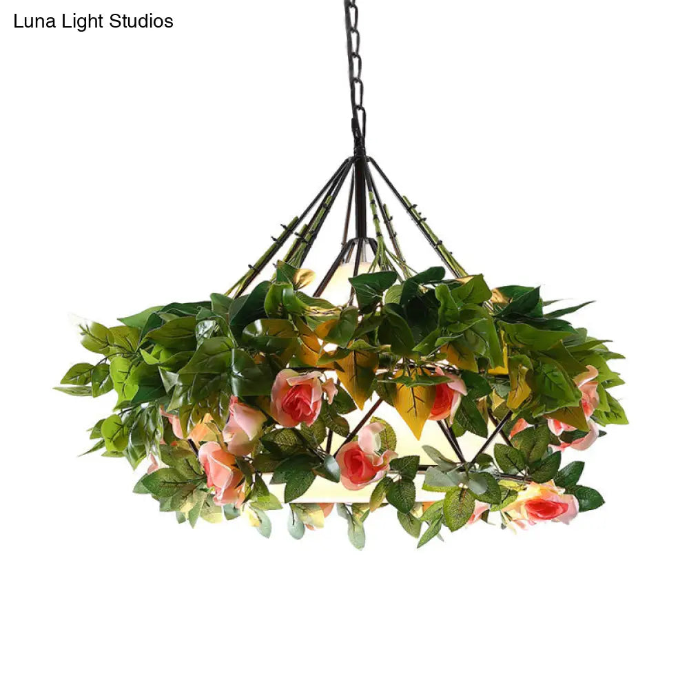 Vintage Black Metal Diamond Pendant Light - Led Flower Hanging Lamp For Restaurants Multiple Width