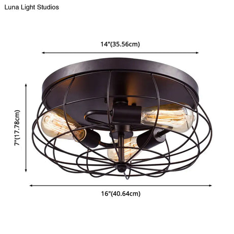 Vintage Black Metal Drum Flushmount Ceiling Light For Hallways