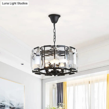 Vintage Black Metal Drum Shade Chandelier With Crystal Block - 18’ Diameter 5/8 Heads Hanging Lamp